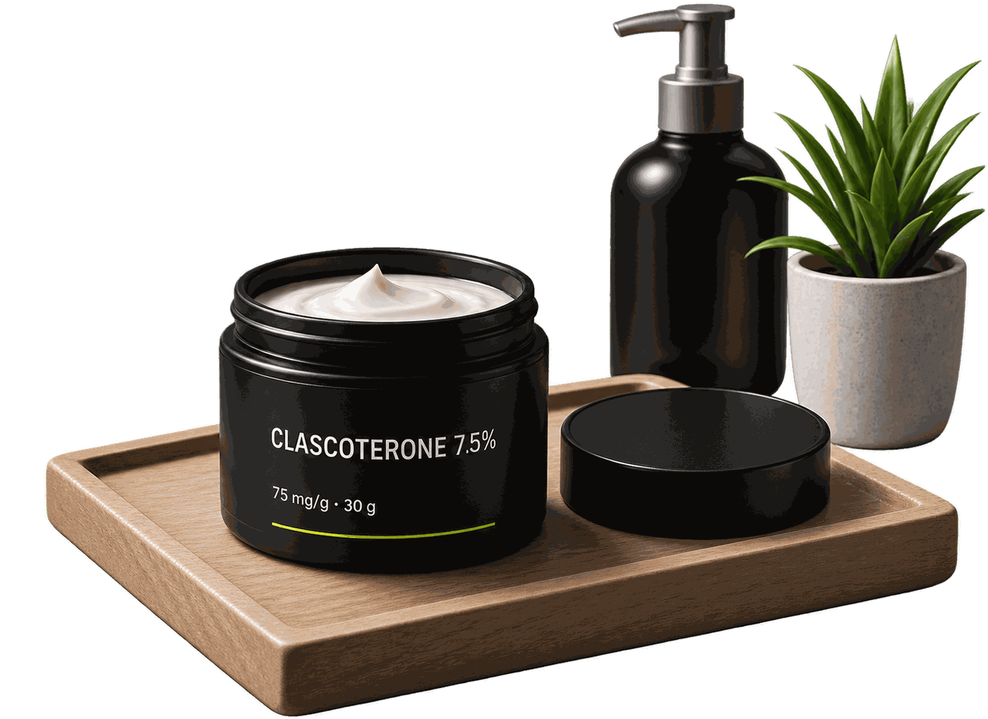 Clasco Lab Clascoterone 7.5% jar, opened to show the cream, on a wooden tray beside a pump bottle and a small plant