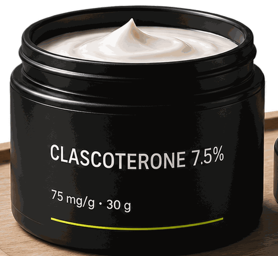 Close crop of the opened Clascoterone 7.5% jar showing the white cream and the printed 75 mg/g label