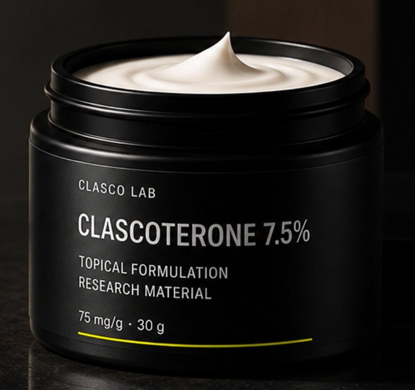 Opened Clasco Lab Clascoterone 7.5% jar showing the white cream inside
